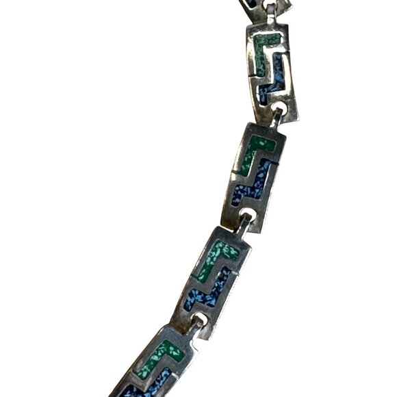 Vintage Mexico Alpaca Silvertone Greek Key Turquoise Inlay Link Necklace 16 3/4" - Picture 6 of 8